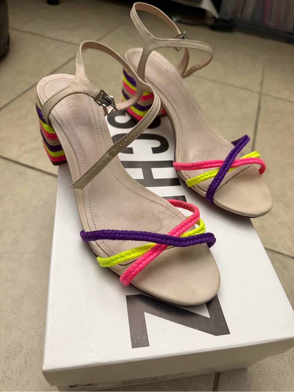 SCHUTZ Beige Slingback Heels with Neon Pink, Yellow & Purple Rope Straps